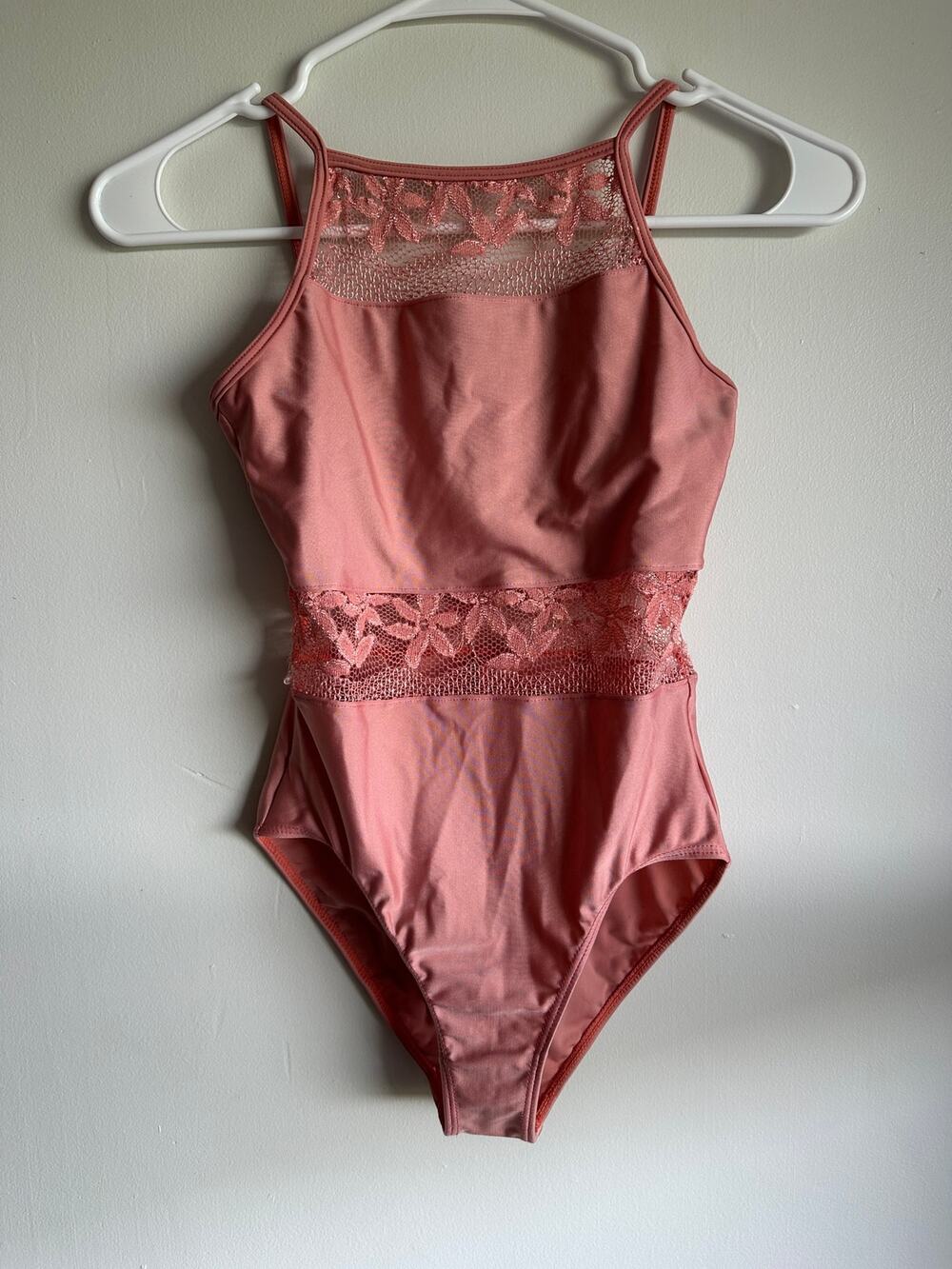 So Danca Girls Dusty Rose Pink Floral Lace Mesh Halter Dance Leotard Size M1
